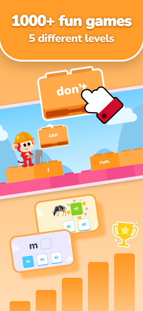 AI Speak: Fun English for kids - 子供向けの教育用英語ゲームと学習レベルを表示するAI Speakアプリインターフェース