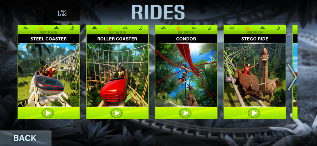 VR Jurassic - Dino Park World - Menú de selección de atracciones de VR Jurassic que muestra varias montañas rusas temáticas de dinosaurios