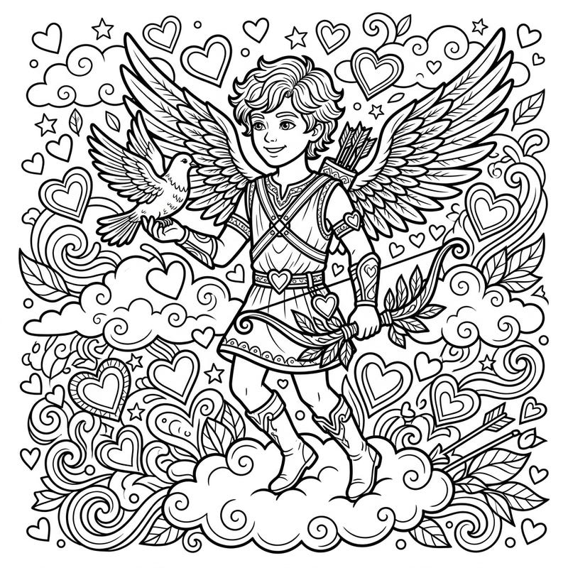 Dive into a world of mythical romance with this captivating Cupid and dove coloring page, perfect for teens. This intricate design offers endless opportunities to express your artistic flair and celebrate themes of love and friendship.