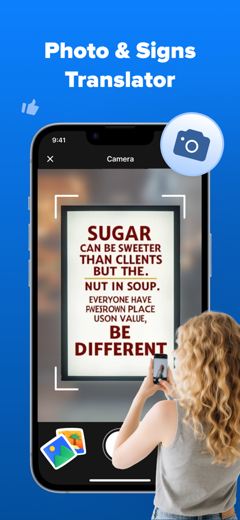 A person using the AI Translator app to scan and translate a text sign with their smartphone camera.