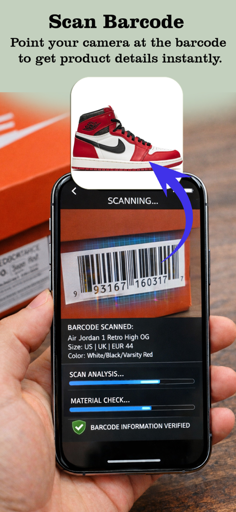 Legit Check AI - Smartphone verwendet Legit Check AI, um einen Schuhkarton-Barcode für sofortige Produktverifizierung und Echtheitsprüfung zu scannen.