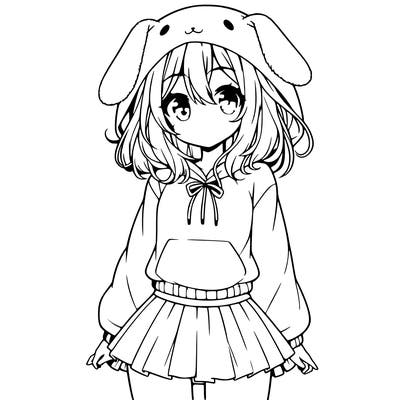 pretty anime girl wearing a fluffy hoodie with bunny ears on the hood and a skirt