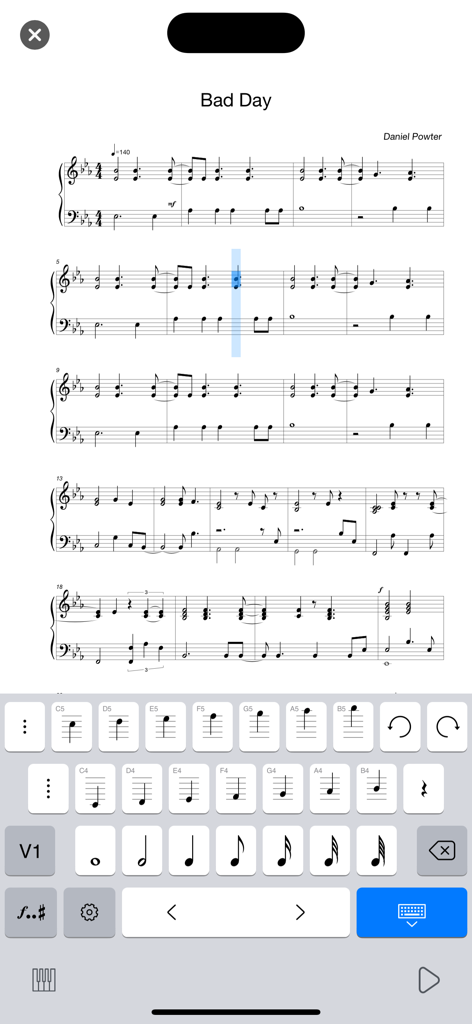 Composer Pro - Score Creator - Composer Pro app interface showing piano sheet music for Bad Day and a musical notation input keyboard.