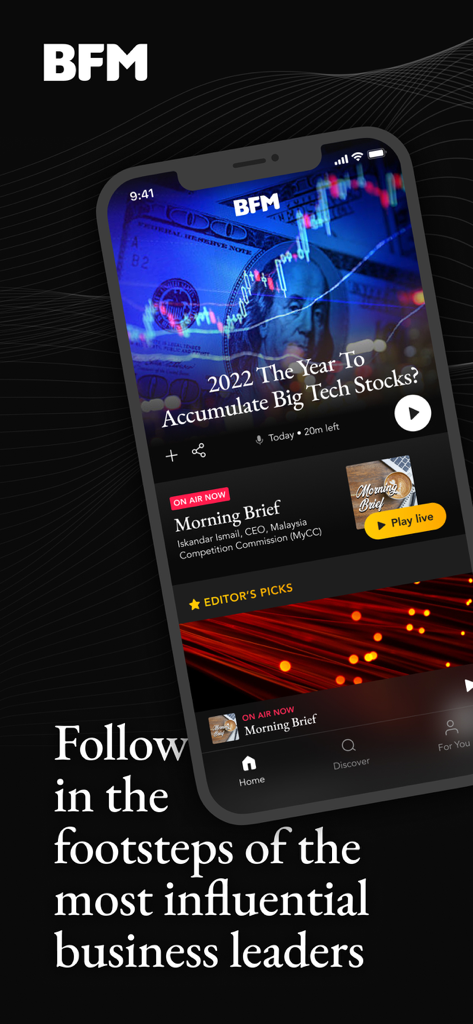 BFM Business Radio app interface displaying financial news and podcast episodes