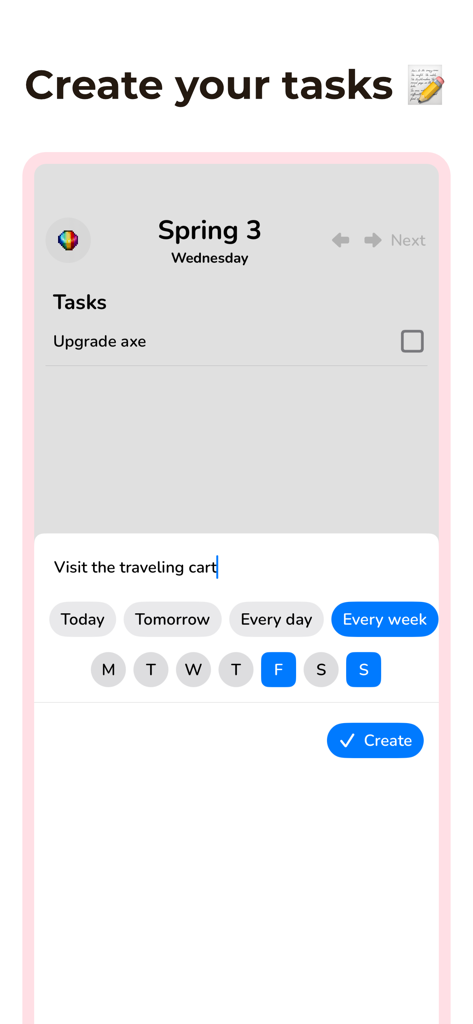 Assistant for Stardew Valley - The task creation interface of the Assistant for Stardew Valley app showing a schedule for in-game chores.