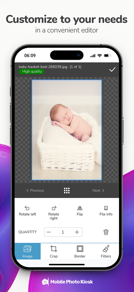 Mobile Photo Kiosk app screen showing the photo editing tool with a picture of a sleeping baby.