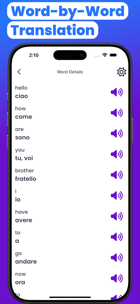 Italian-English Translate - スピーカーアイコン付きの英語からイタリア語への単語翻訳を示すモバイルアプリインターフェイス