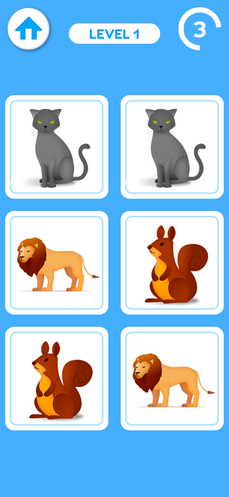 A card matching memory game level with animal icons on a blue background for cognitive stimulation.