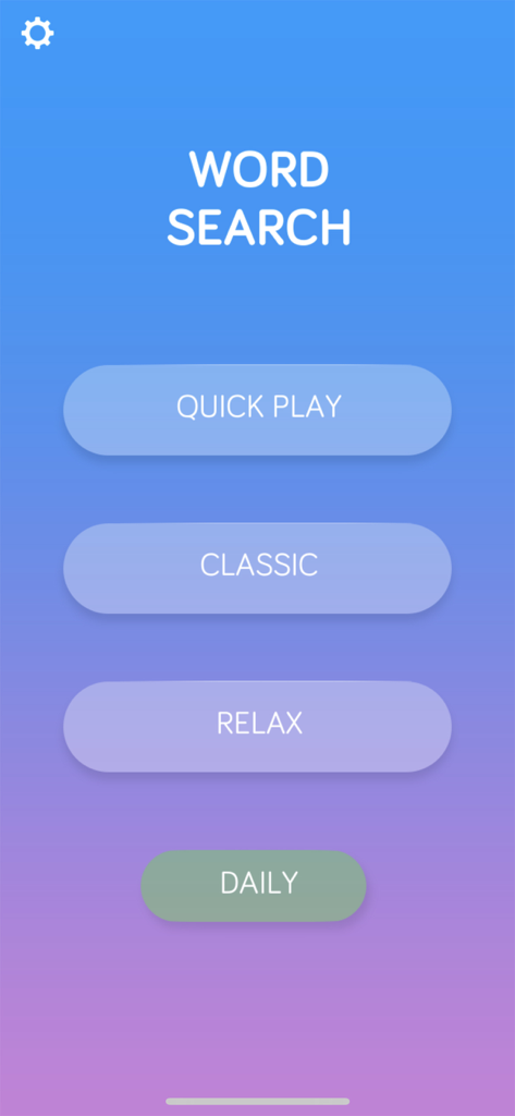 Hauptmenü der Wortsuche-App mit Schaltflächen für Schnellspiel, Klassisch, Entspannen und Tagesmodus.