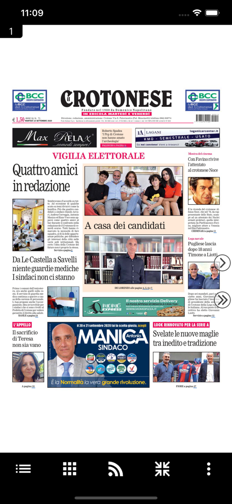 Digital edition of Il Crotonese newspaper front page on a mobile app