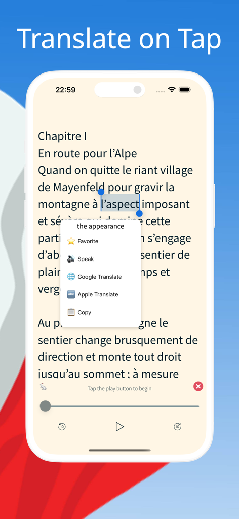 Mobile interface of the French Reading app showing a text translation popup for a selected word