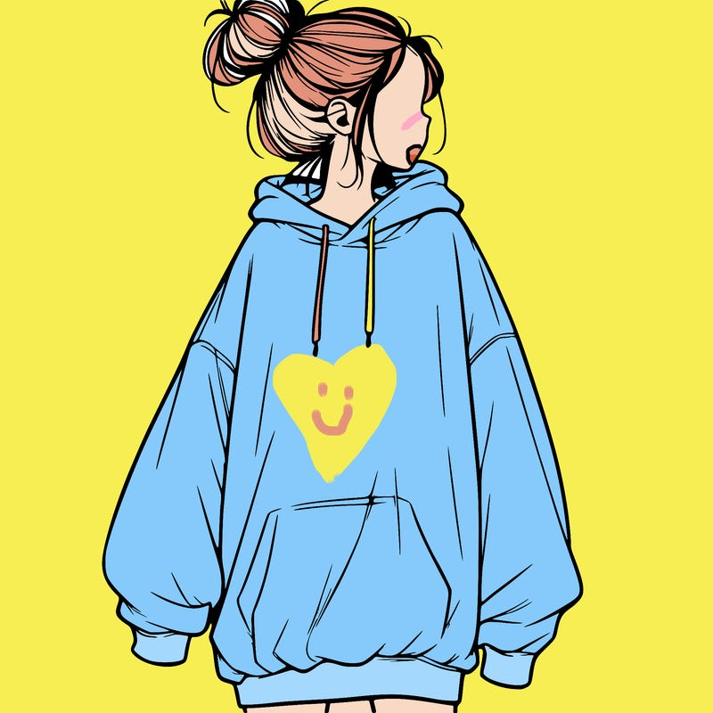 realistic girl with a oversized sweatshirt on and a bun