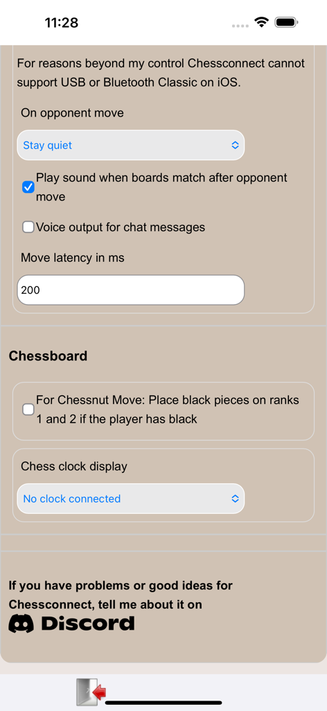 Chessconnect - Settings screen of the Chessconnect iOS app showing options for electronic chessboard connection opponent move notifications and move latency
