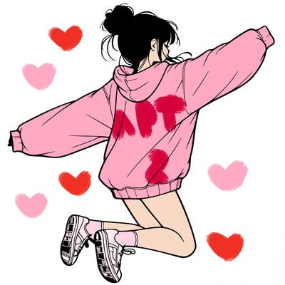 realistic girl jumping with a bun and oversized sweatshirt