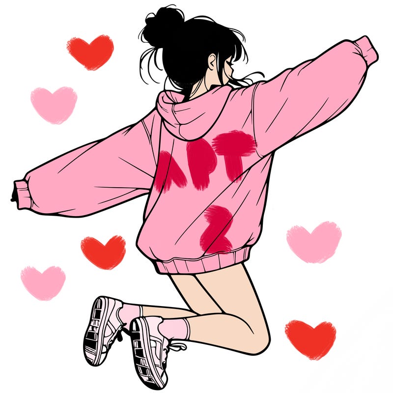 realistic girl jumping with a bun and oversized sweatshirt