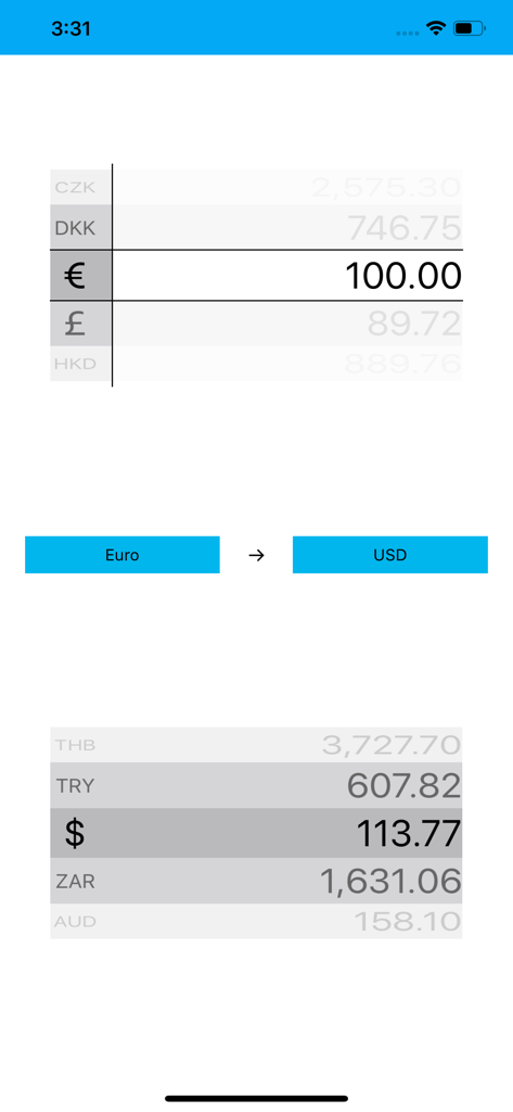 Screenshot der Benutzeroberfläche der Alle Währungsrechner App, die die Umrechnung von Euro in USD in einem sauberen, minimalistischen Design zeigt