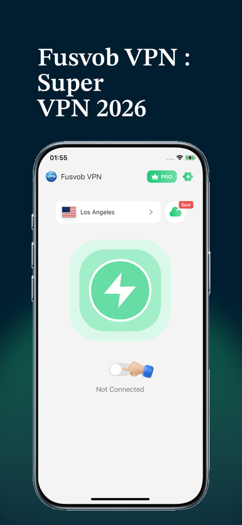 Fusvob VPN Super VPN 2026 app interface on iPhone featuring a central connection button and server location selector