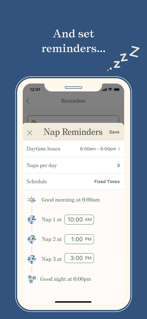 Nara Baby & Pregnancy Tracker - Nara Babyアプリのインターフェース。赤ちゃんの昼寝リマインダーと、午前・午後の時間を含む固定された睡眠スケジュールが表示されています。