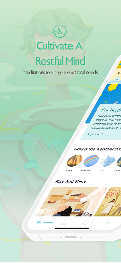 The Restful Mind app interface showing a mood check-in and Himalayan singing bowl meditation sessions.