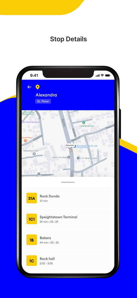 Transitbb - Transitbb app screen showing real-time bus arrival times and map location for a stop in Barbados