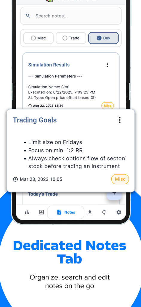 TradesViz Trading Journal - TradesViz App-Oberfläche zeigt den dedizierten Notiz-Tab zum Organisieren und Durchsuchen von Trading-Zielen