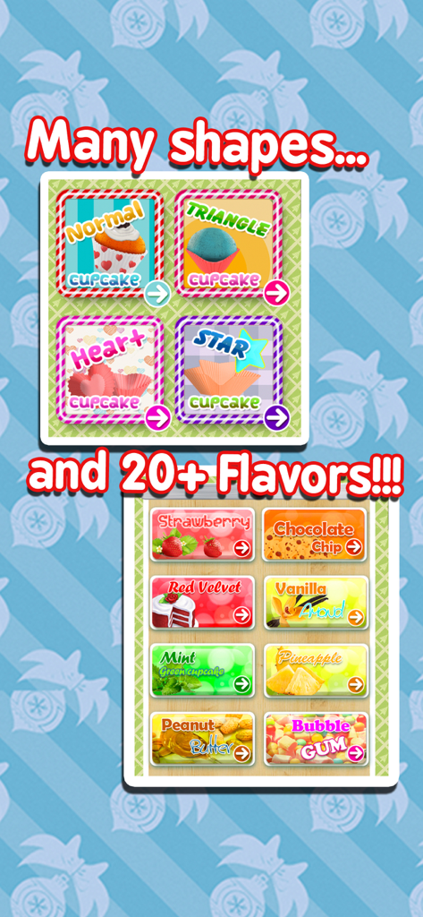 Cupcake Maker - Cooking Games! - Una pantalla de menú en Cupcake Maker que muestra varias formas de cupcakes como corazones y estrellas junto con más de 20 sabores diferentes, incluyendo fresa y chispas de chocolate.