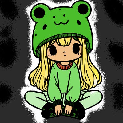 a girl wearing a frog hat and some frog socks