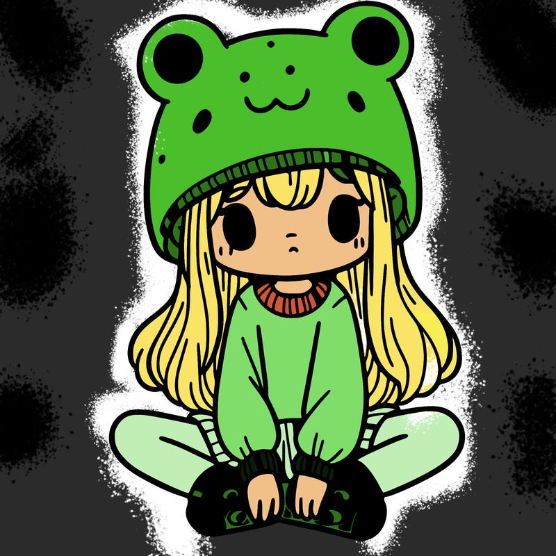 a girl wearing a frog hat and some frog socks