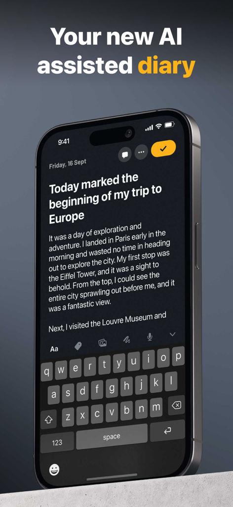 Tela do iPhone mostrando o aplicativo Solid Diary com uma entrada de diário em modo escuro sobre uma viagem a Paris