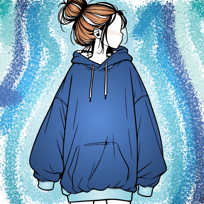realistic girl with a oversized sweatshirt on and a bun
