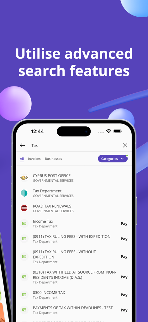 JCCsmart - JCCsmart app search screen displaying options for tax payments and government services