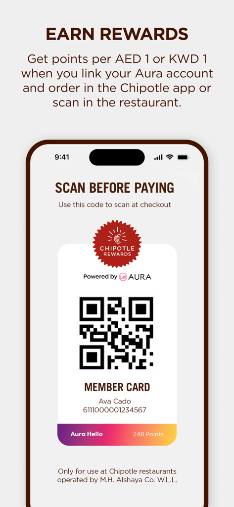 Chipotle Middle East - A digital member card with a QR code in the Chipotle Middle East app for earning Aura rewards points.