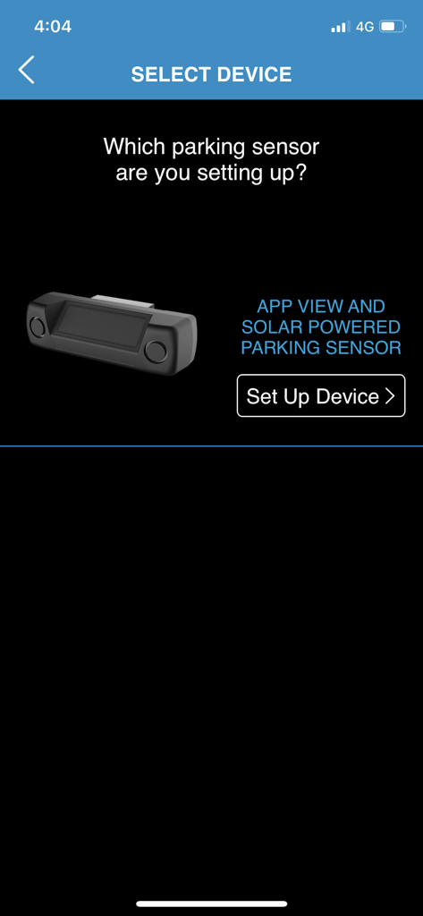 Setup screen for the solar powered parking sensor in the TYPE S Drive app