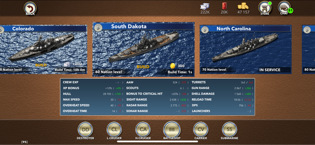 Naval Warship Tactics: Online - Ship selection screen showing detailed statistics for WWII battleships in Naval Warship Tactics Online.
