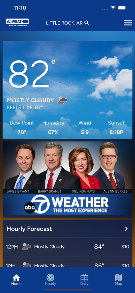 KATV Channel 7 Weather app interface showing Little Rock forecast and the local weather team