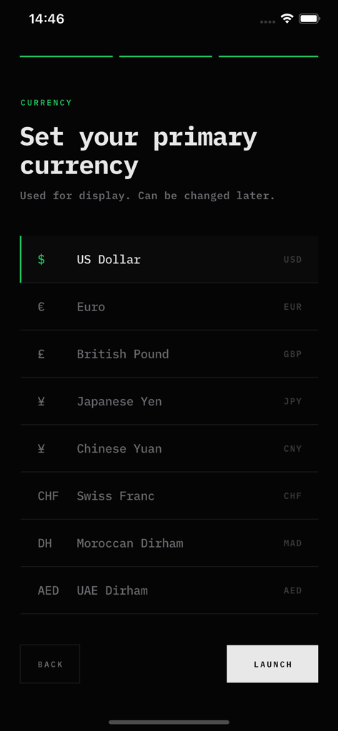 Pantalla de selección de moneda principal en la aplicación Vertex Revenue Tracker
