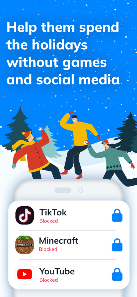 Findmykids app interface showing blocked social media and games for managing child screen time during holidays