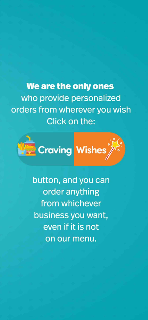 Patio delivery - Pantalla de la aplicación Patio Delivery que muestra la función Craving Wishes para pedidos personalizados de cualquier negocio