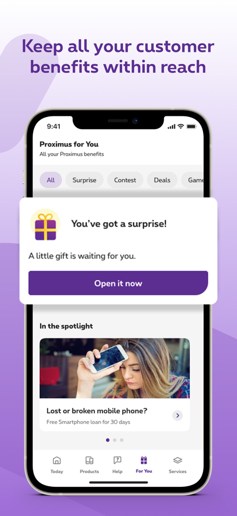 Proximus plus app screen showing customer rewards and service offers