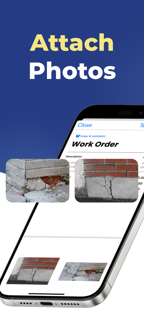 Mobile app interface for attaching job site photos to a digital work order