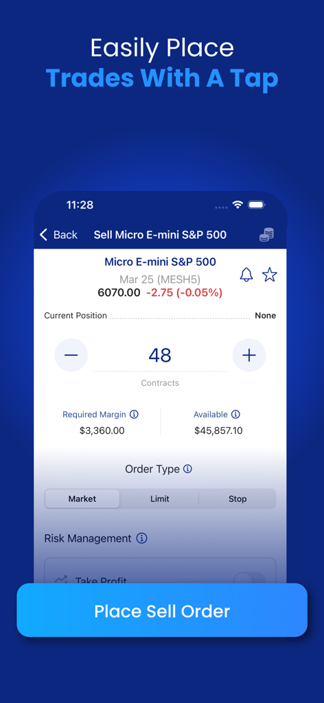 Interfaz de la aplicación móvil mostrando cómo colocar una orden de venta para contratos de futuros Micro E-mini S&P 500