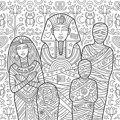 Journey through time and color with our unique Royal Mummies Pride coloring page. This intricate design beautifully blends ancient Egyptian majesty with vibrant symbols of love and diversity.