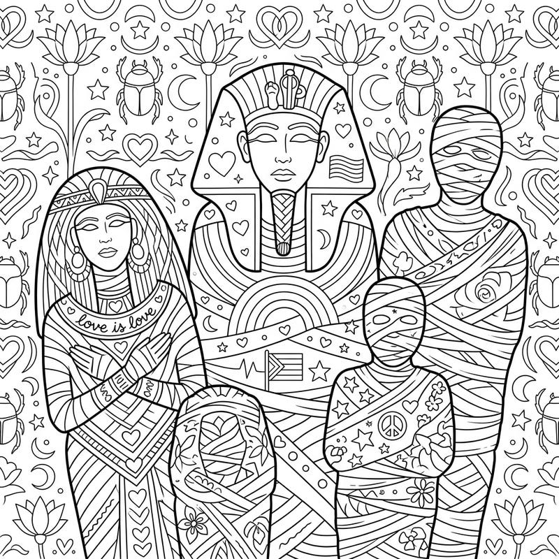Journey through time and color with our unique Royal Mummies Pride coloring page. This intricate design beautifully blends ancient Egyptian majesty with vibrant symbols of love and diversity.