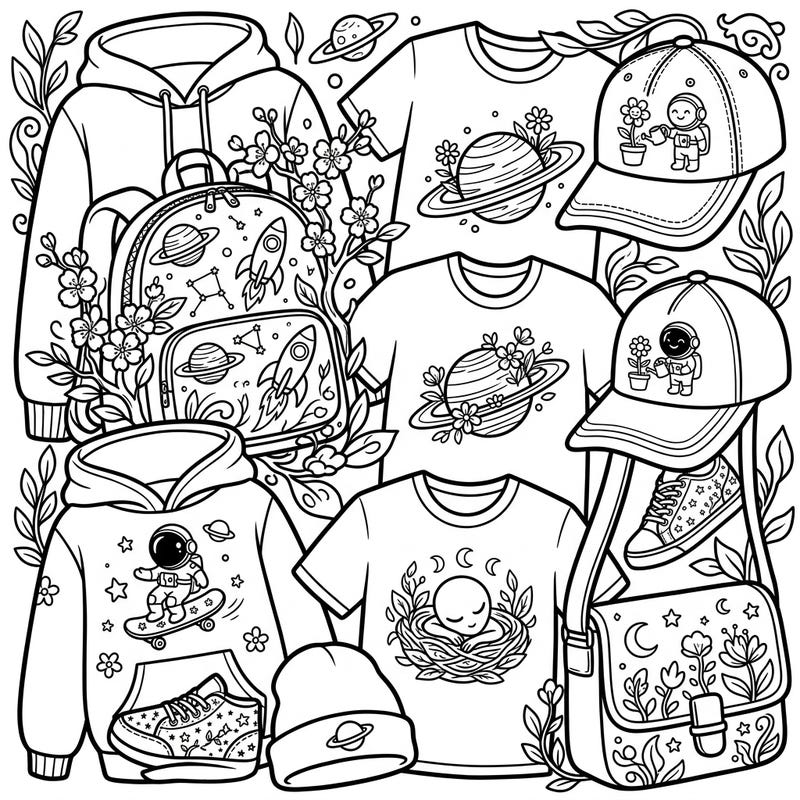 Discover a delightful fusion of cosmic wonder and springtime charm with this unique coloring page. Featuring children's apparel and accessories adorned with playful space exploration designs and beautiful blossoming flowers, it's perfect for sparking imagination.