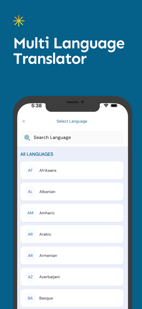 English to Soomaali Translator - Interface for selecting different languages in the translator app