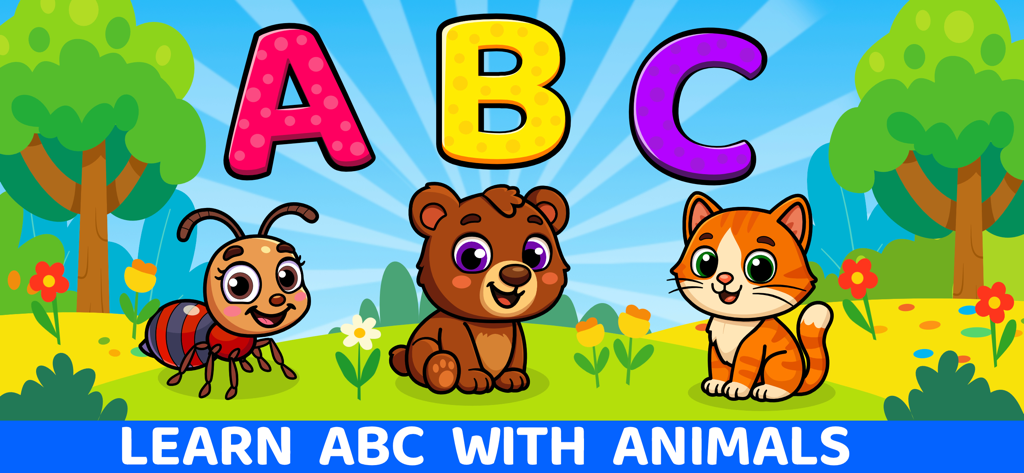 Dinosaur Games For Kids 2-7 - Preschool educational game screen showing letters ABC and cute cartoon animals for learning the alphabet