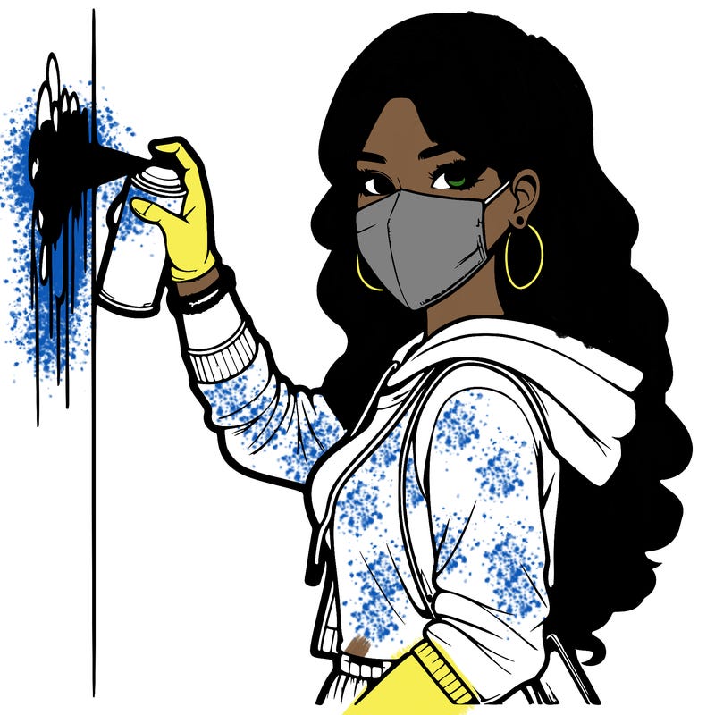 realistic girl with mask spray painting a wall