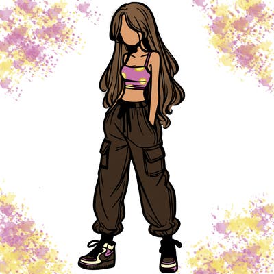 girl in baggy pants crop top and long hair