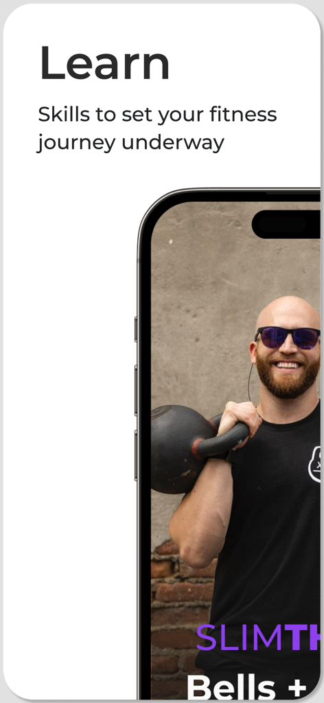 Somble - Somble app screen with the text Learn Skills to set your fitness journey underway featuring a coach with a kettlebell