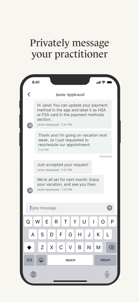 SimplePractice Client Portal - A smartphone screen showing a secure private chat between a client and a healthcare practitioner in the SimplePractice Client Portal app.